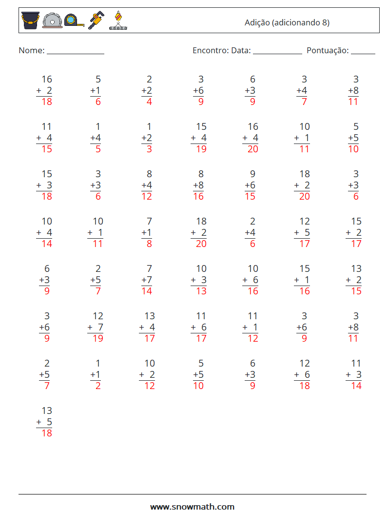 (50) Adição (adicionando 8) planilhas matemáticas 2 Pergunta, Resposta