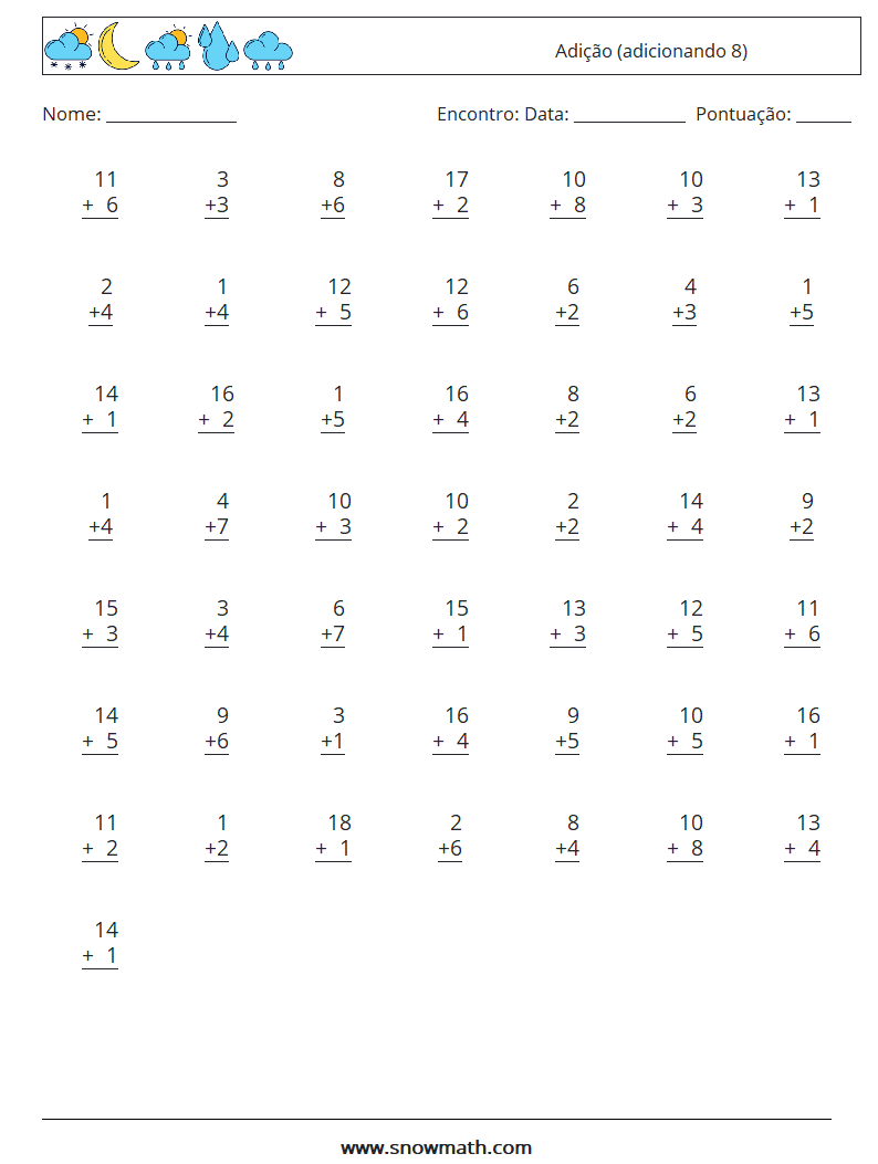 (50) Adição (adicionando 8) planilhas matemáticas 3