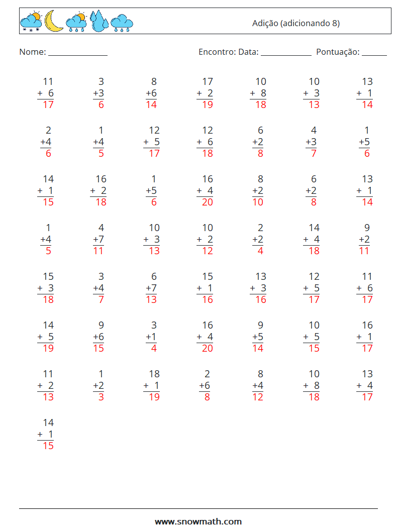 (50) Adição (adicionando 8) planilhas matemáticas 3 Pergunta, Resposta