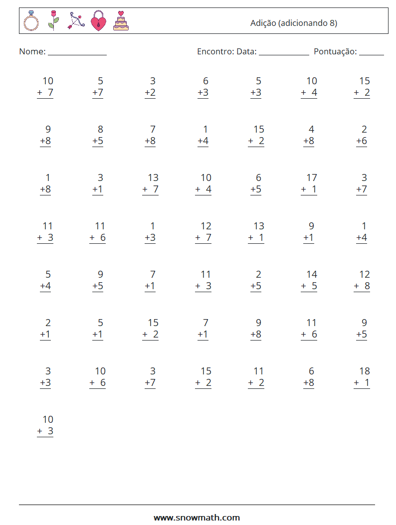 (50) Adição (adicionando 8) planilhas matemáticas 4