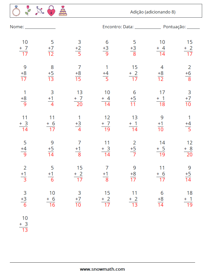 (50) Adição (adicionando 8) planilhas matemáticas 4 Pergunta, Resposta