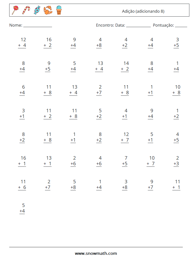 (50) Adição (adicionando 8) planilhas matemáticas 5