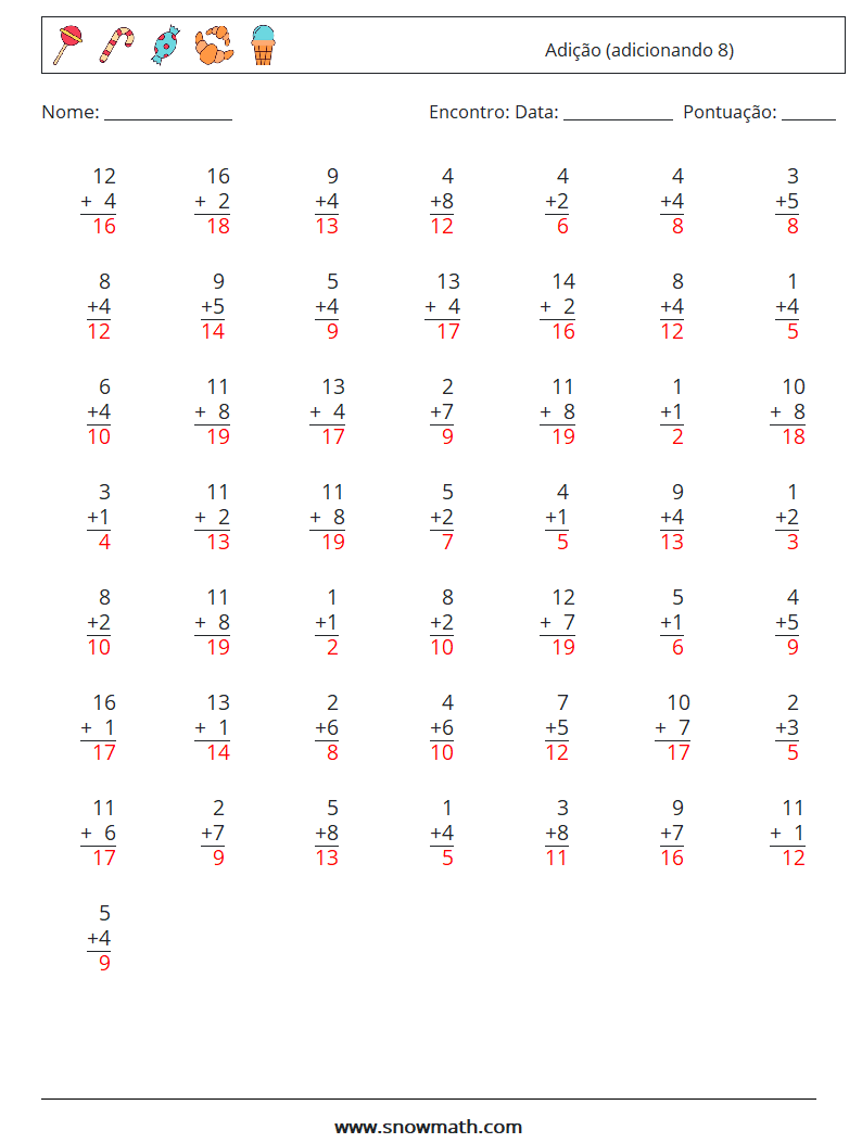 (50) Adição (adicionando 8) planilhas matemáticas 5 Pergunta, Resposta