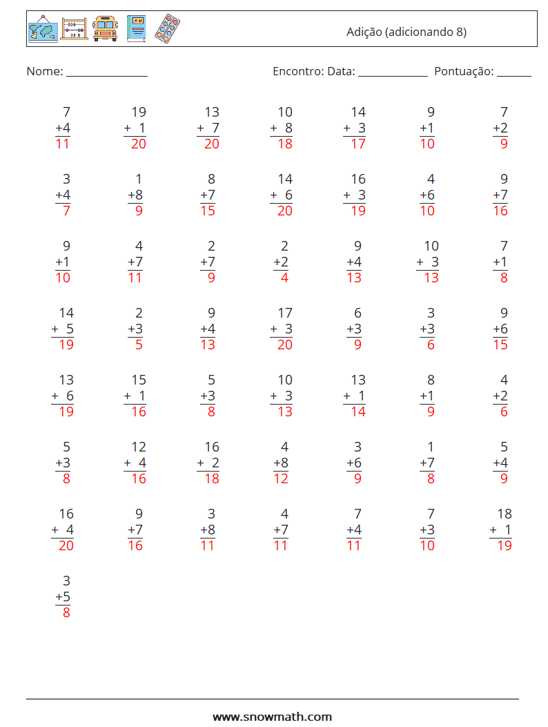 (50) Adição (adicionando 8) planilhas matemáticas 6 Pergunta, Resposta