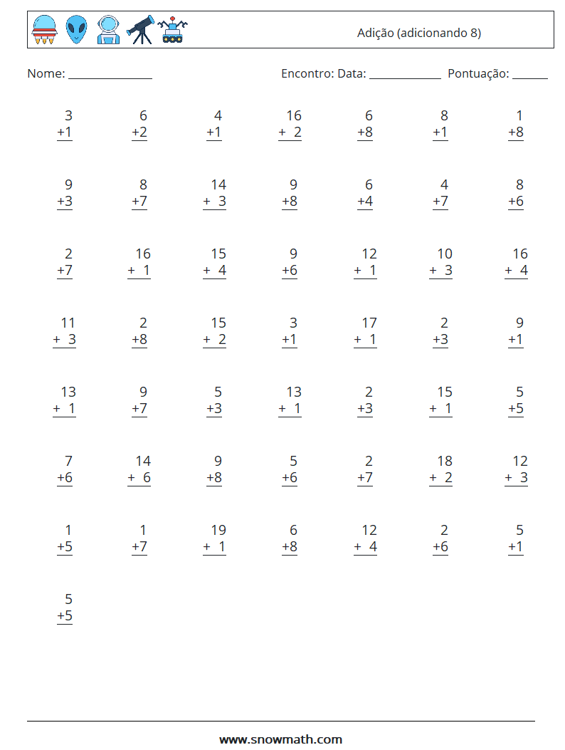 (50) Adição (adicionando 8) planilhas matemáticas 7