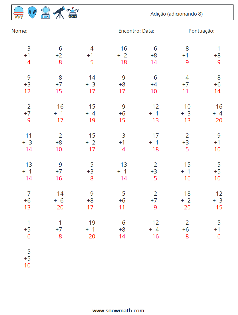 (50) Adição (adicionando 8) planilhas matemáticas 7 Pergunta, Resposta