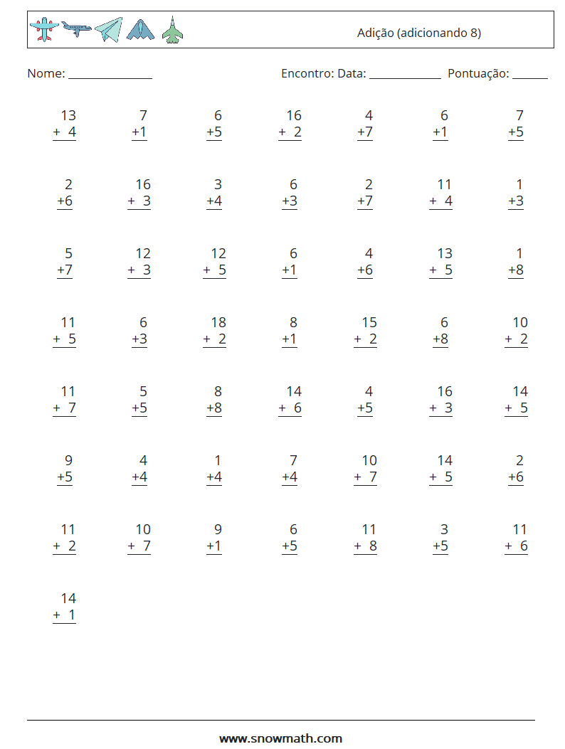 (50) Adição (adicionando 8) planilhas matemáticas 8