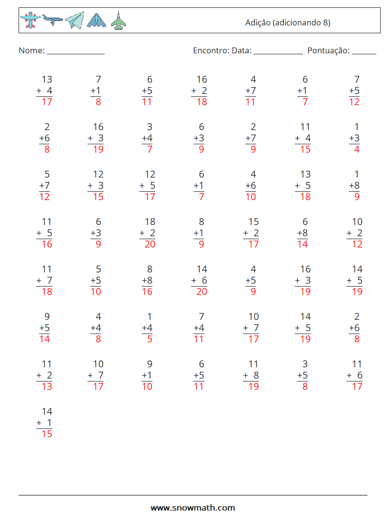 (50) Adição (adicionando 8) planilhas matemáticas 8 Pergunta, Resposta