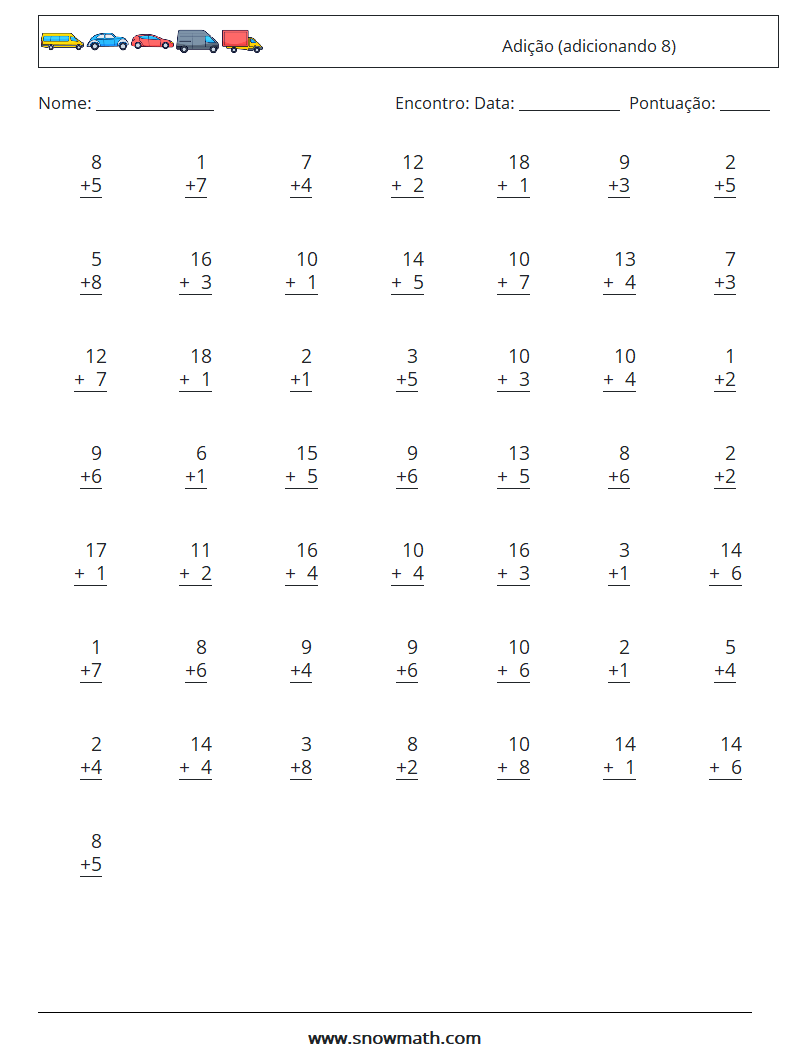 (50) Adição (adicionando 8) planilhas matemáticas 9