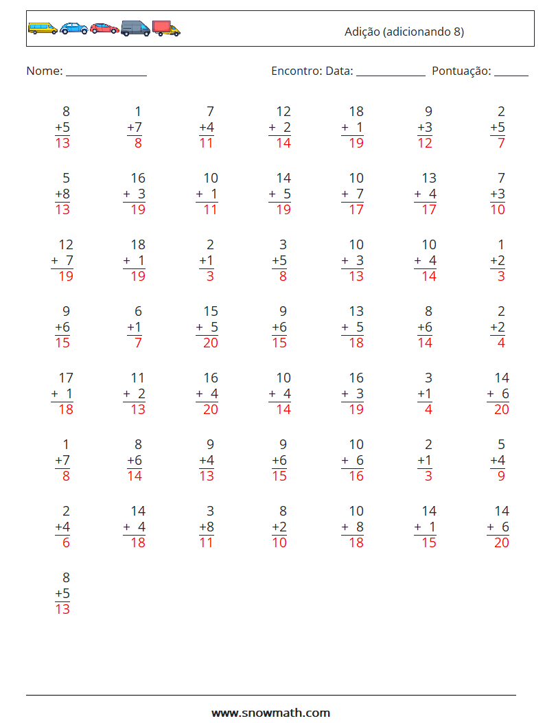 (50) Adição (adicionando 8) planilhas matemáticas 9 Pergunta, Resposta