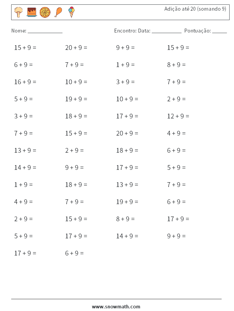 (50) Adição até 20 (somando 9) planilhas matemáticas 1