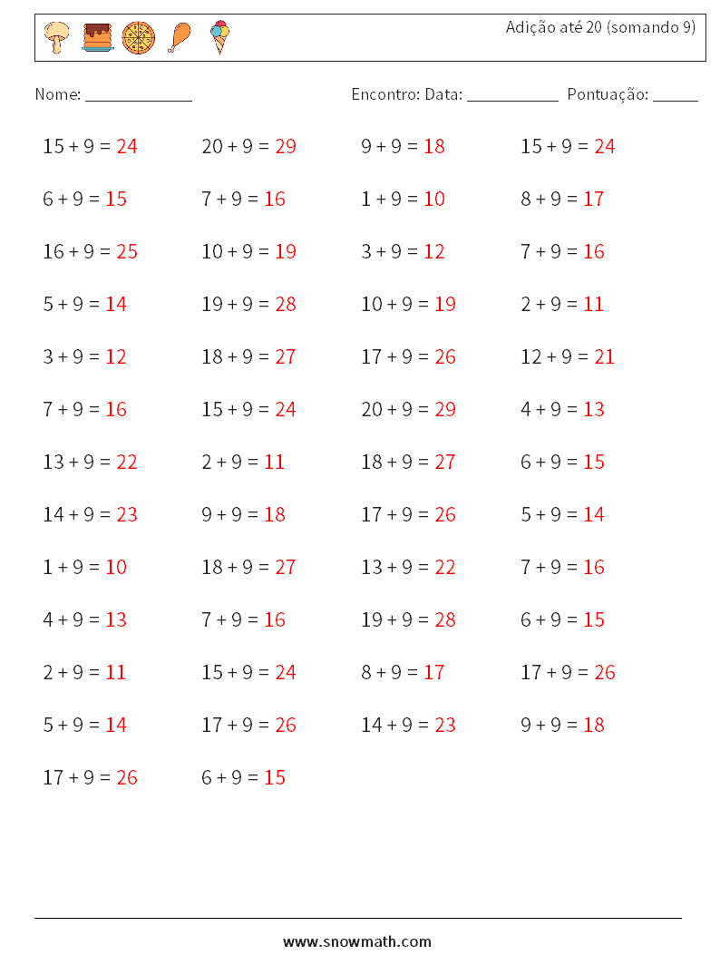 (50) Adição até 20 (somando 9) planilhas matemáticas 1 Pergunta, Resposta