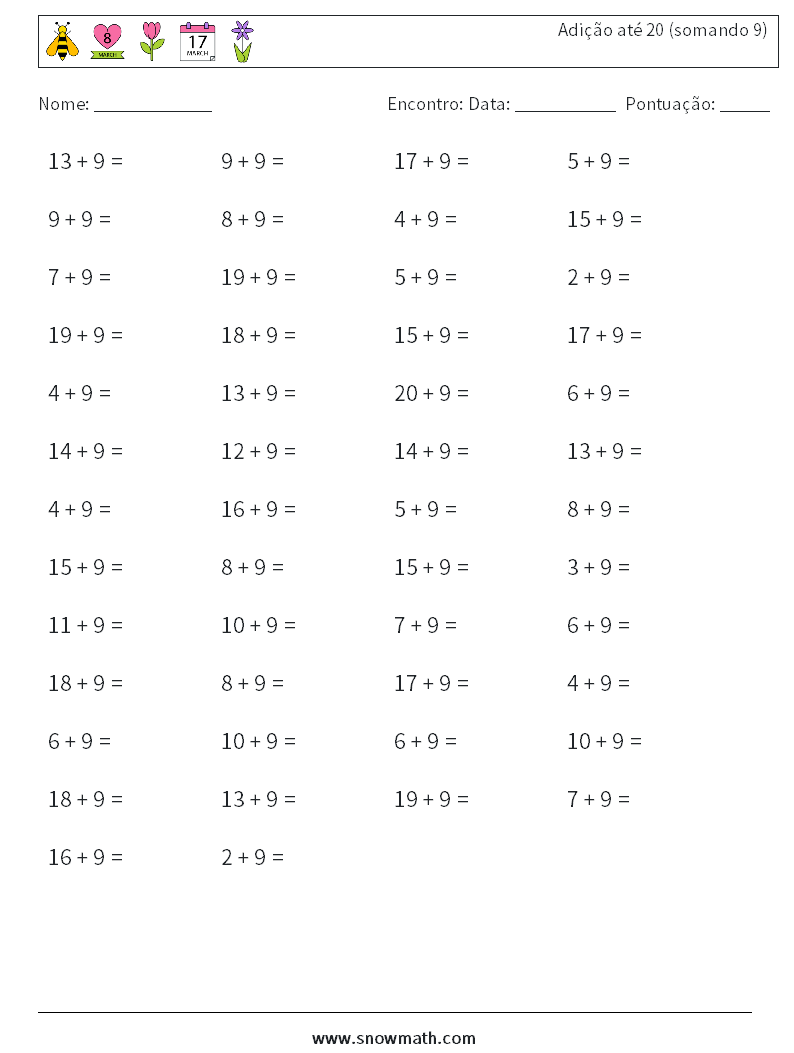 (50) Adição até 20 (somando 9) planilhas matemáticas 2