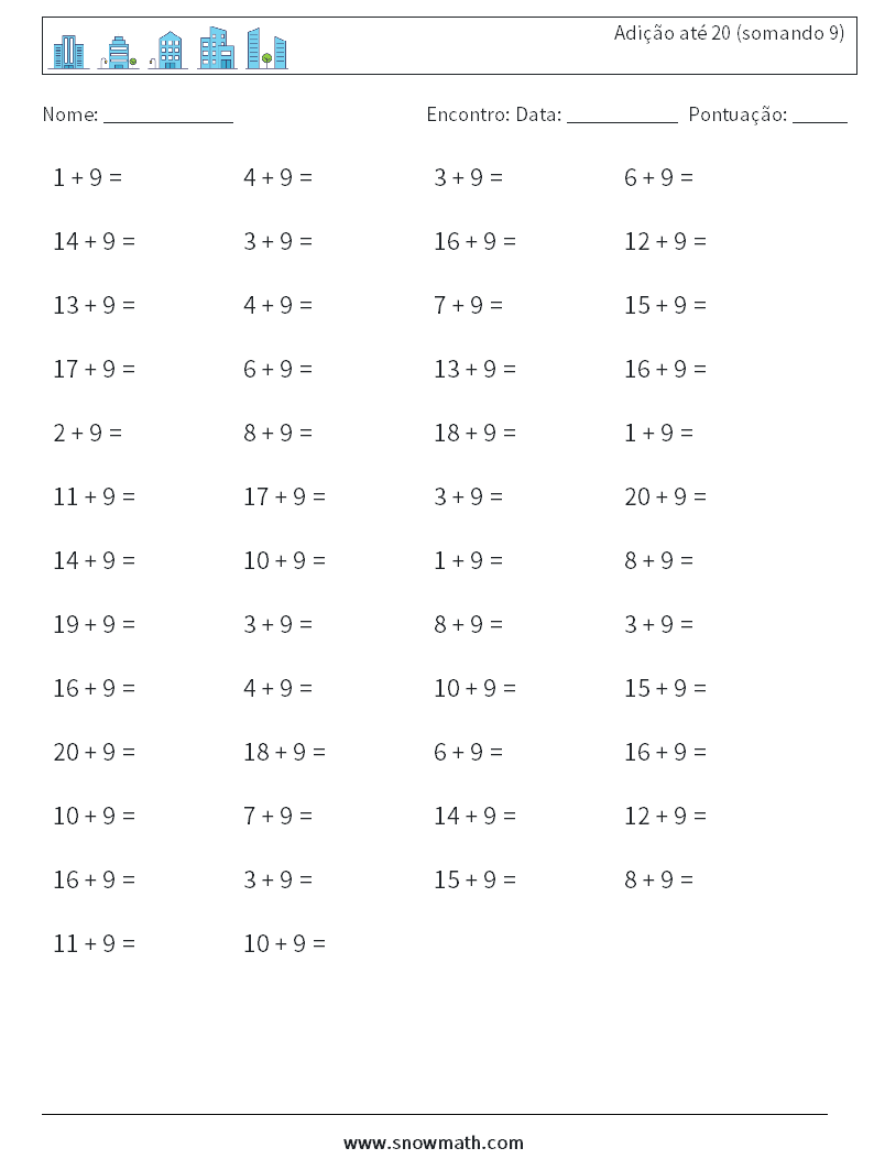 (50) Adição até 20 (somando 9) planilhas matemáticas 4