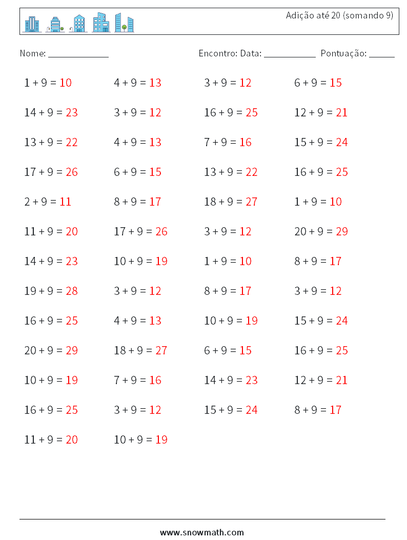 (50) Adição até 20 (somando 9) planilhas matemáticas 4 Pergunta, Resposta
