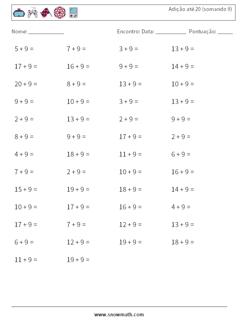 (50) Adição até 20 (somando 9) planilhas matemáticas 5