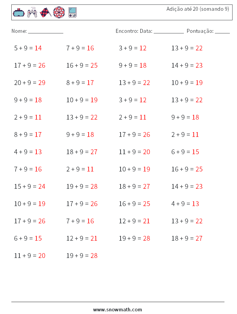 (50) Adição até 20 (somando 9) planilhas matemáticas 5 Pergunta, Resposta