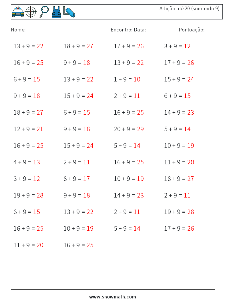 (50) Adição até 20 (somando 9) planilhas matemáticas 7 Pergunta, Resposta