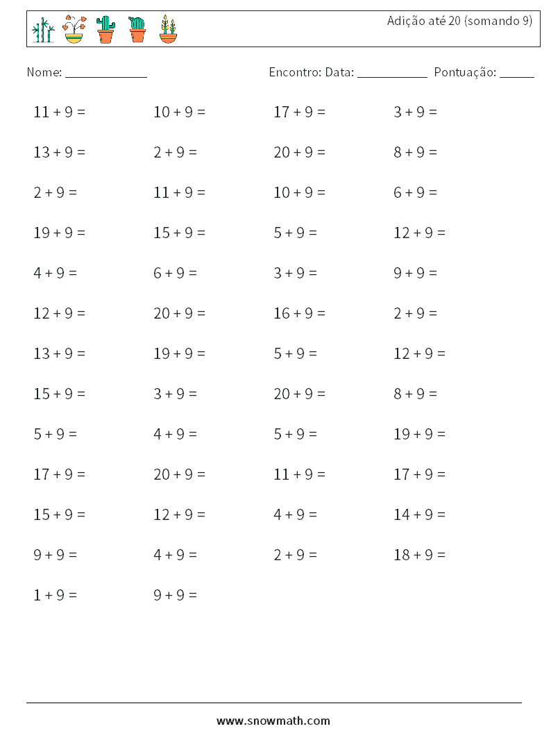 (50) Adição até 20 (somando 9) planilhas matemáticas 8