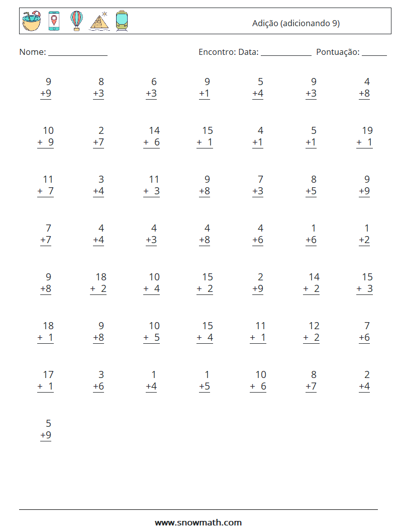 (50) Adição (adicionando 9) planilhas matemáticas 1