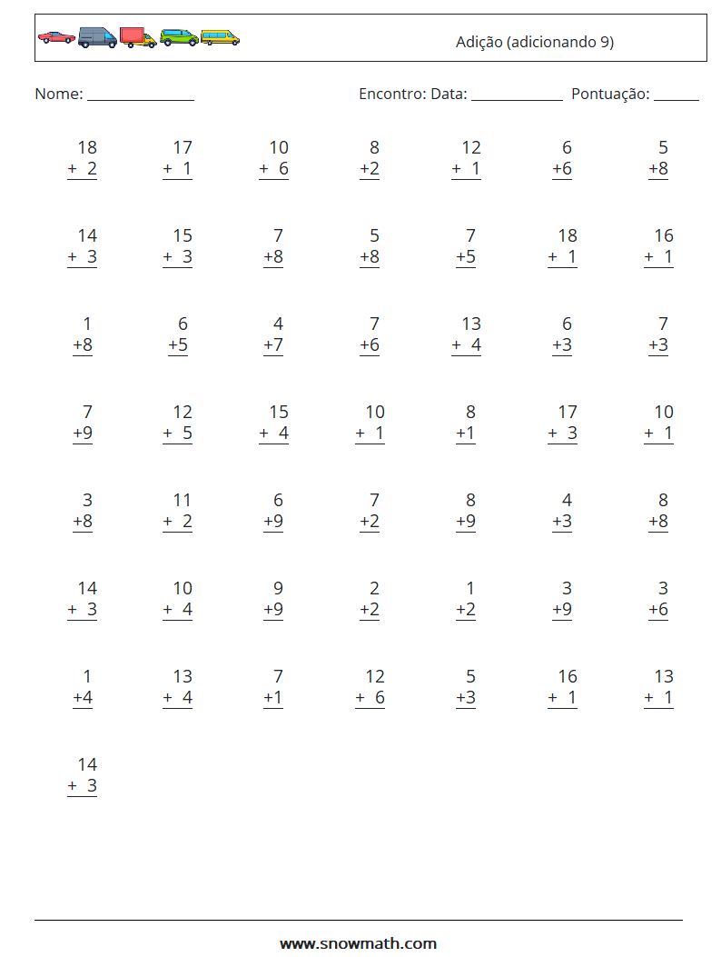 (50) Adição (adicionando 9) planilhas matemáticas 10