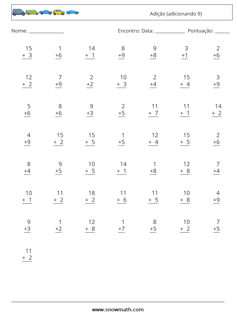 (50) Adição (adicionando 9) planilhas matemáticas 11