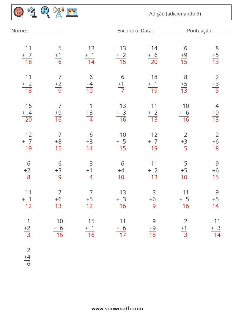 (50) Adição (adicionando 9) planilhas matemáticas 12 Pergunta, Resposta