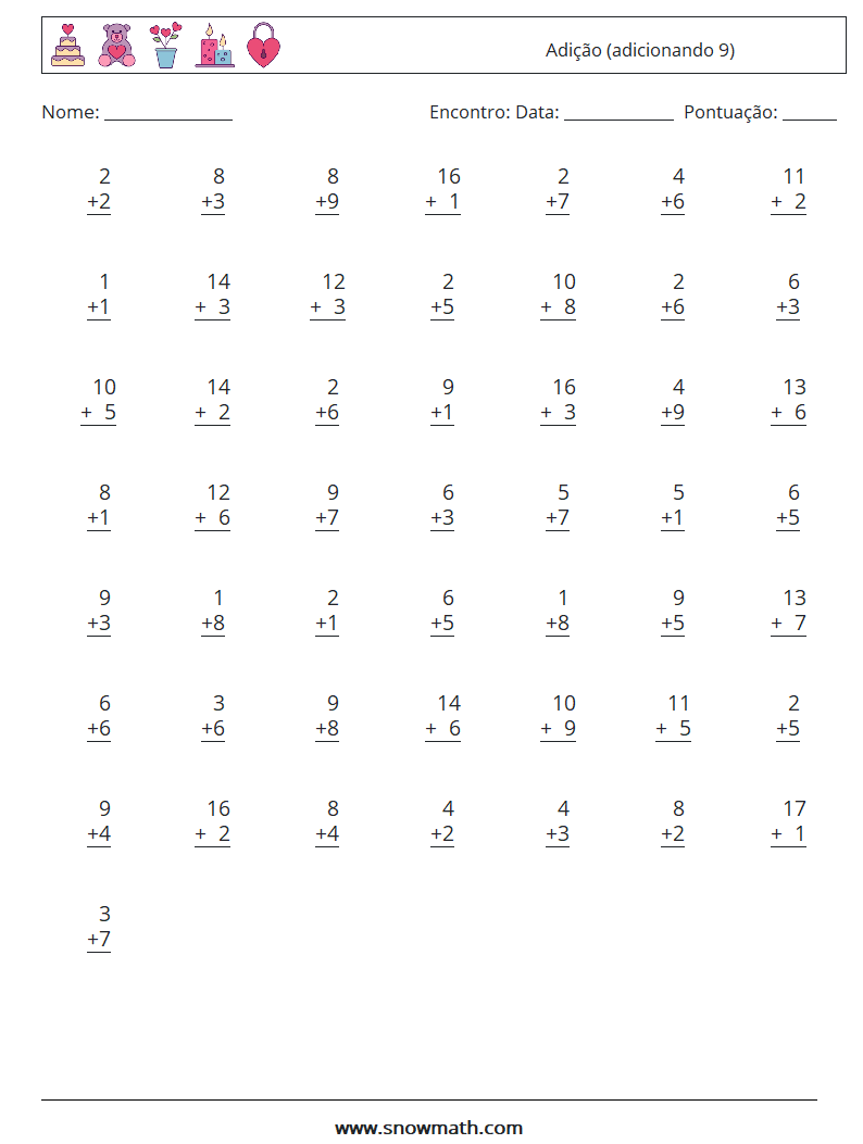 (50) Adição (adicionando 9) planilhas matemáticas 14