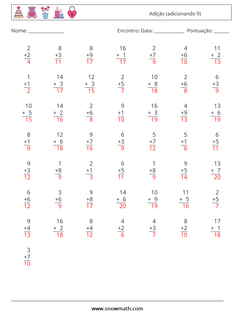 (50) Adição (adicionando 9) planilhas matemáticas 14 Pergunta, Resposta