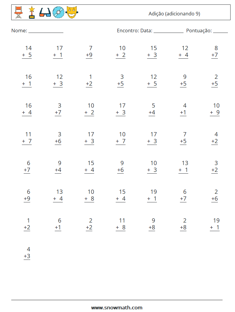 (50) Adição (adicionando 9) planilhas matemáticas 17