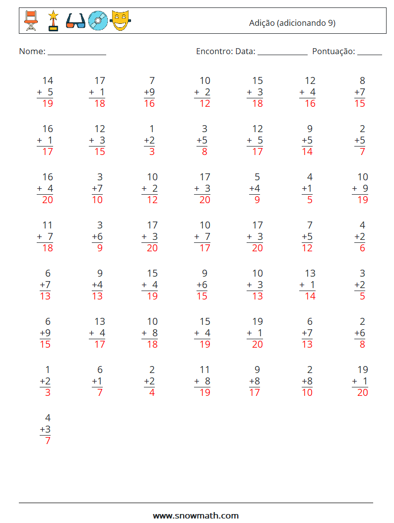 (50) Adição (adicionando 9) planilhas matemáticas 17 Pergunta, Resposta