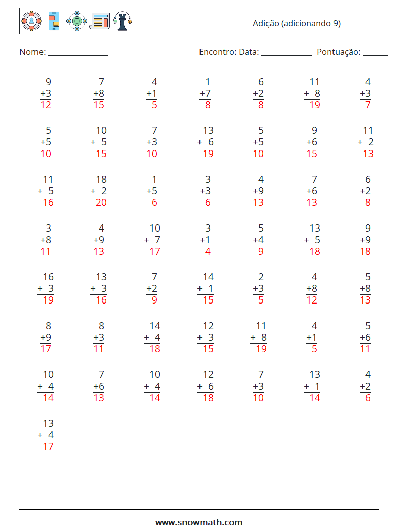 (50) Adição (adicionando 9) planilhas matemáticas 18 Pergunta, Resposta