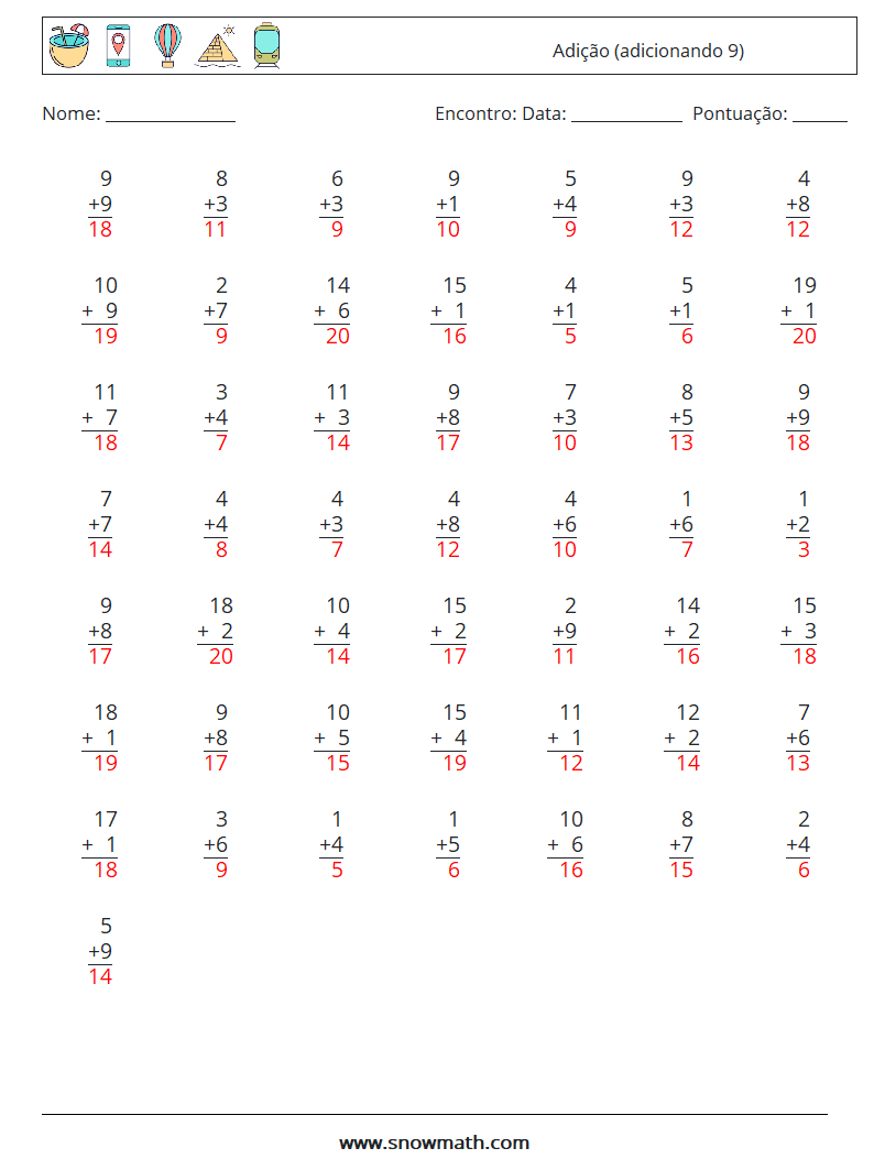 (50) Adição (adicionando 9) planilhas matemáticas 1 Pergunta, Resposta