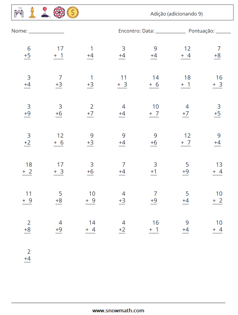 (50) Adição (adicionando 9) planilhas matemáticas 3