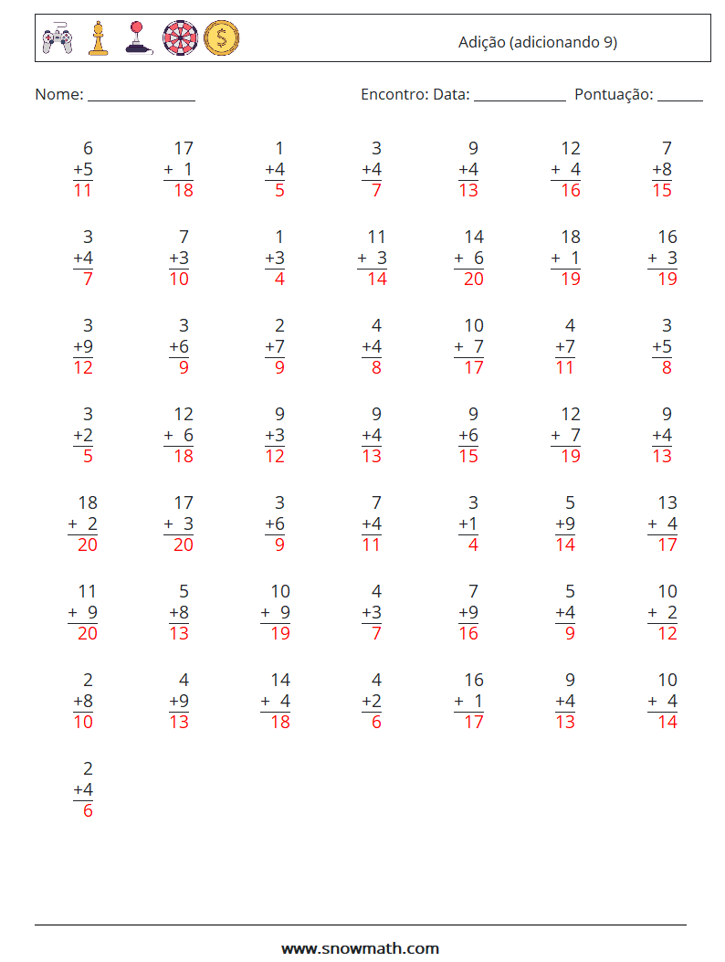 (50) Adição (adicionando 9) planilhas matemáticas 3 Pergunta, Resposta