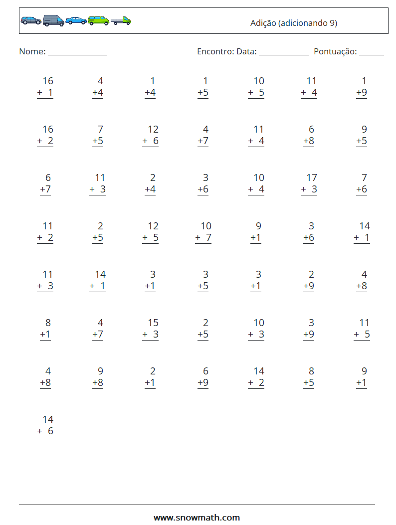 (50) Adição (adicionando 9) planilhas matemáticas 4