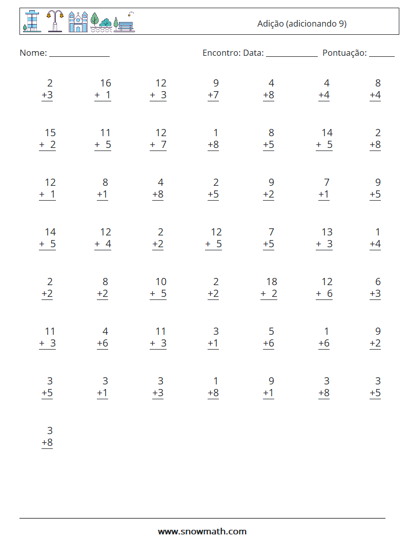 (50) Adição (adicionando 9) planilhas matemáticas 6