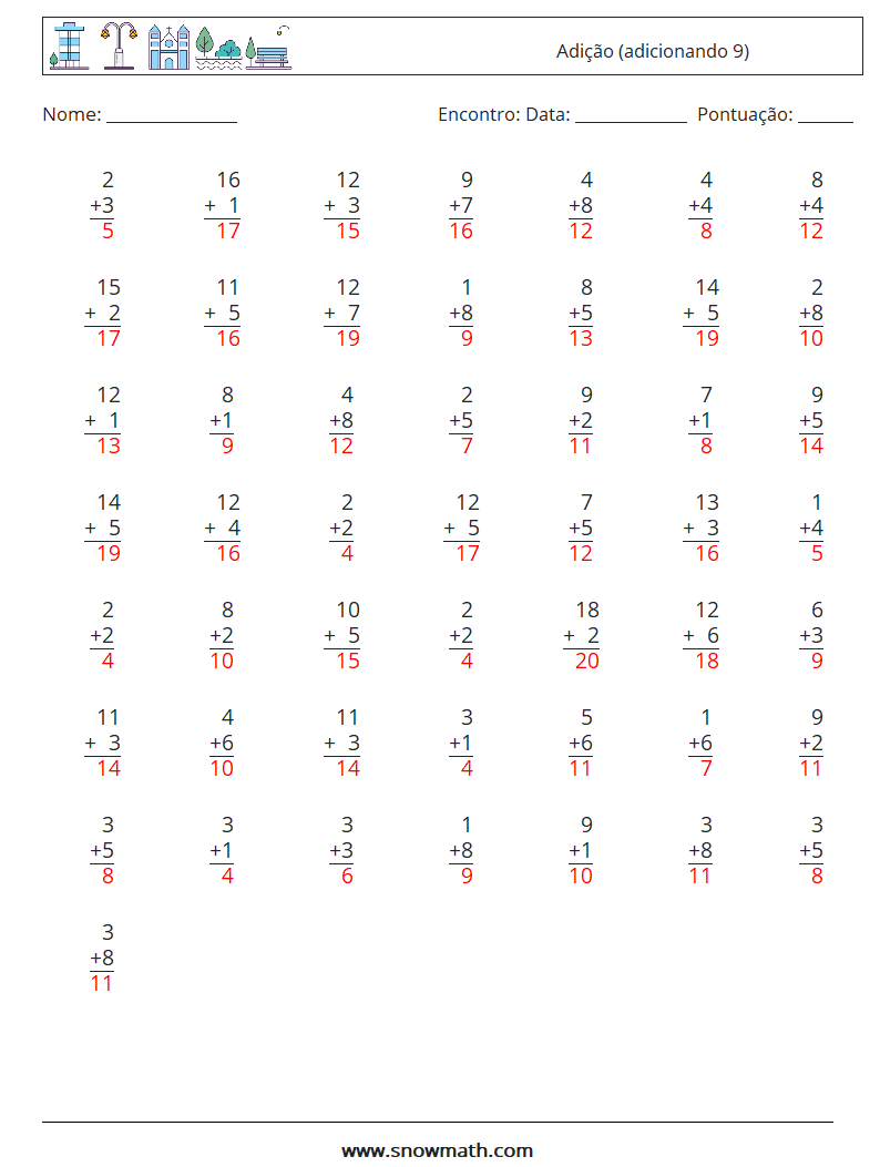 (50) Adição (adicionando 9) planilhas matemáticas 6 Pergunta, Resposta