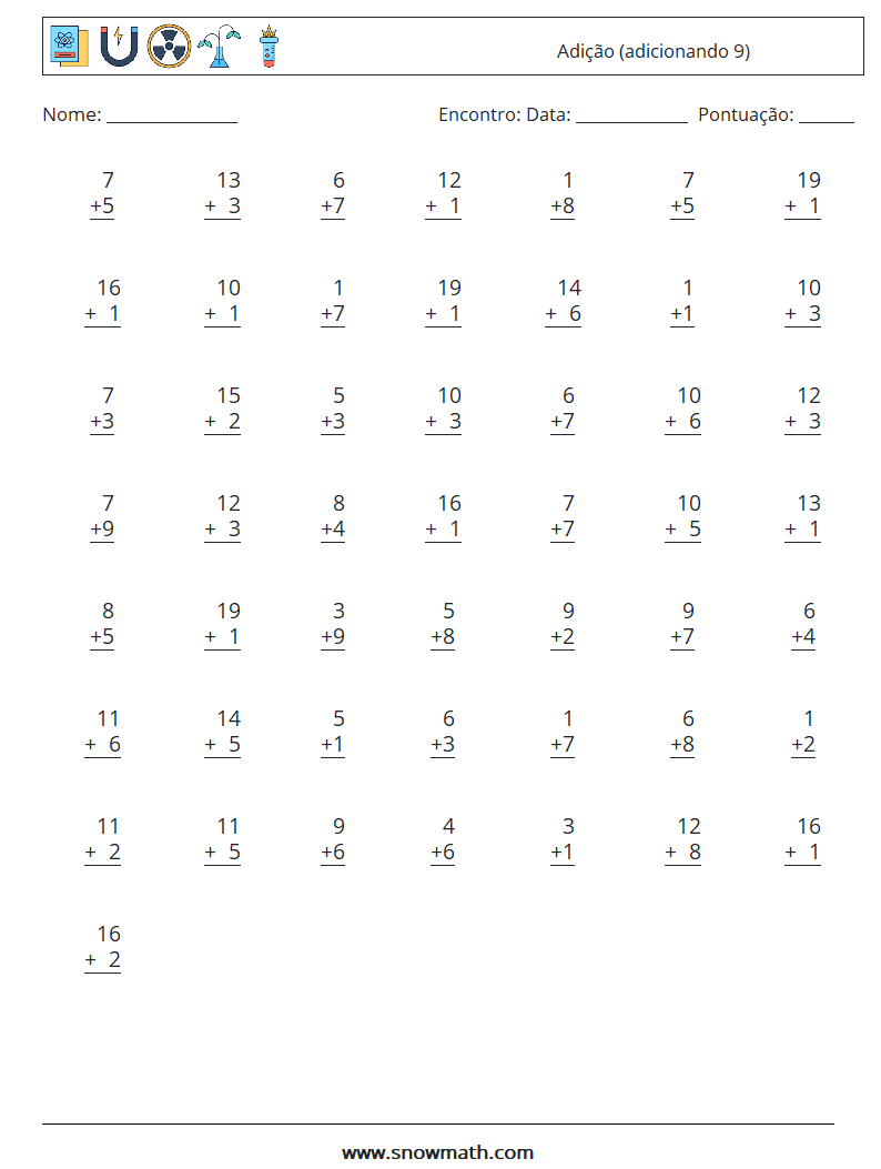 (50) Adição (adicionando 9) planilhas matemáticas 7