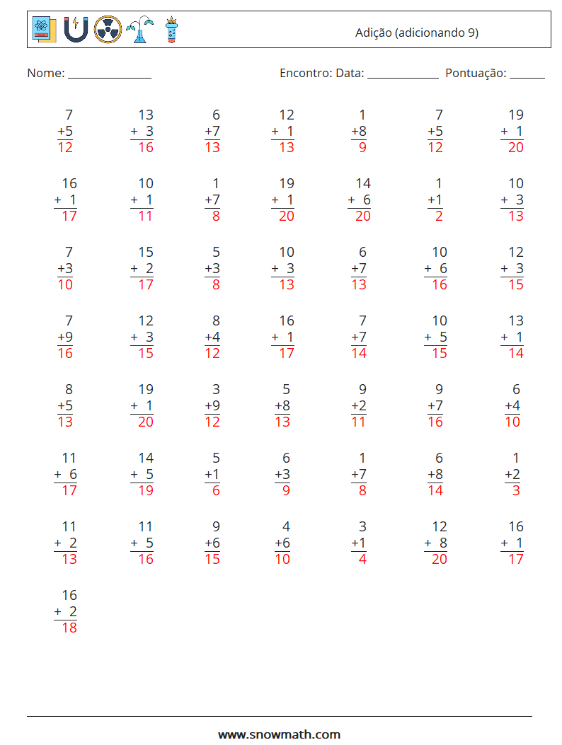 (50) Adição (adicionando 9) planilhas matemáticas 7 Pergunta, Resposta