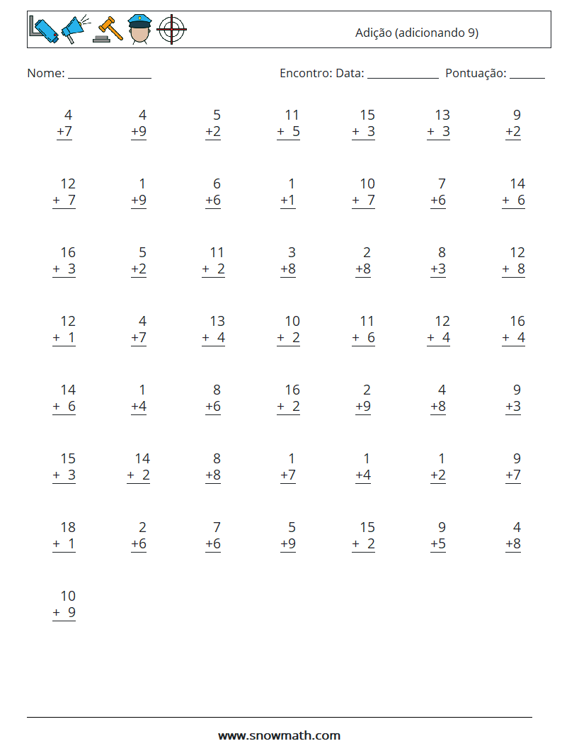 (50) Adição (adicionando 9) planilhas matemáticas 8