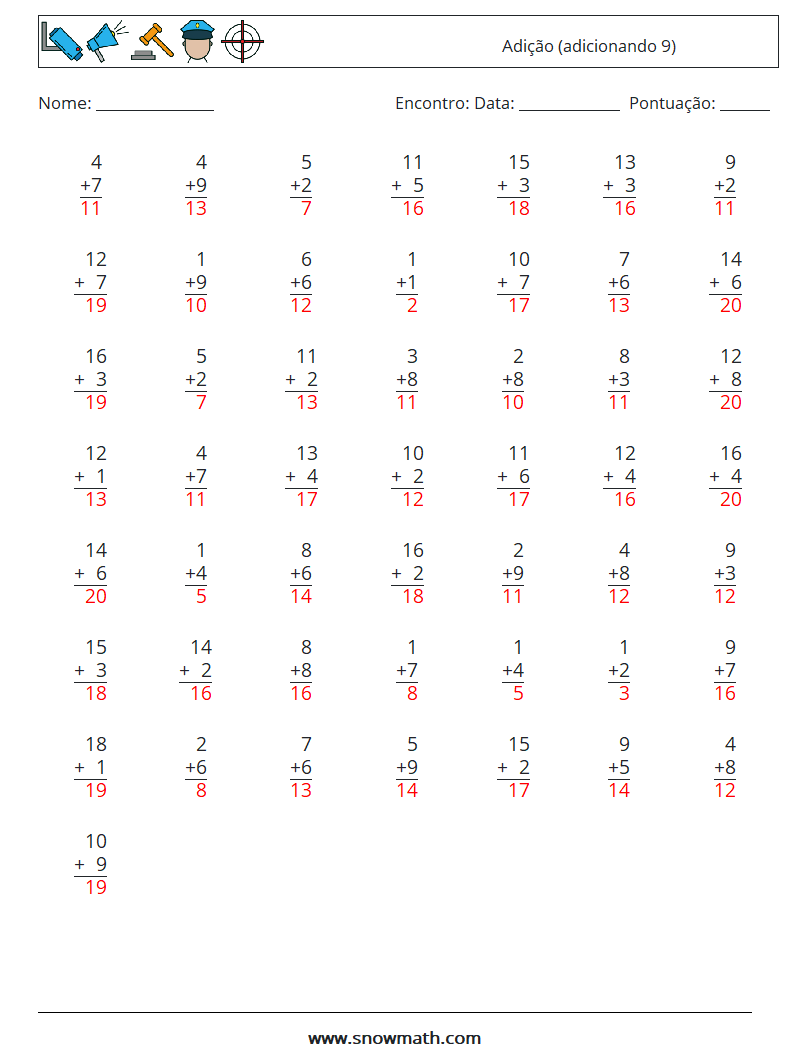 (50) Adição (adicionando 9) planilhas matemáticas 8 Pergunta, Resposta