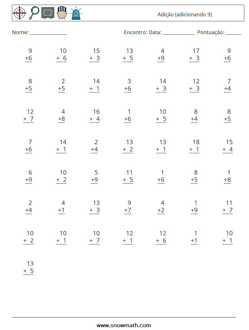 (50) Adição (adicionando 9) planilhas matemáticas 9