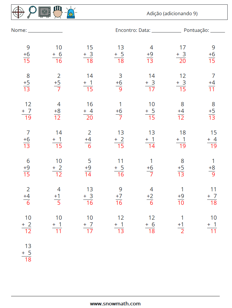 (50) Adição (adicionando 9) planilhas matemáticas 9 Pergunta, Resposta