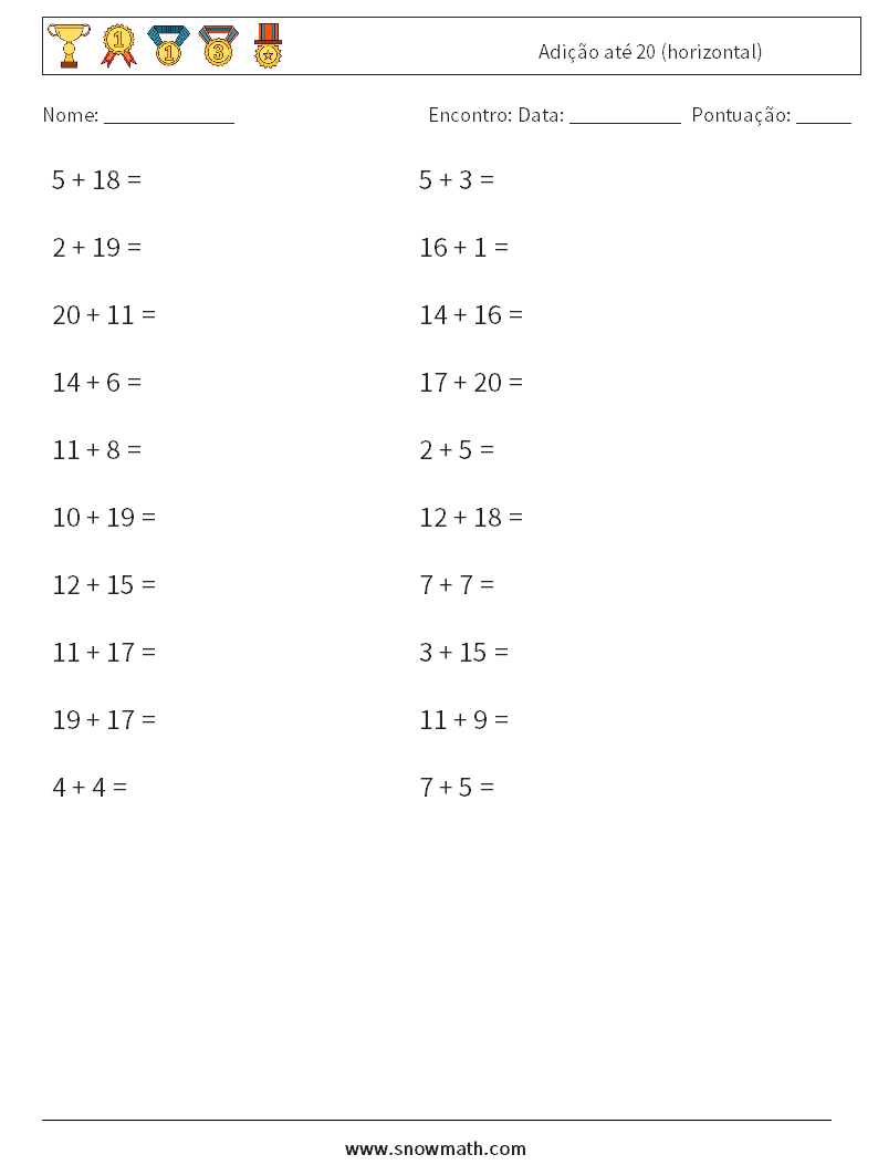 (20) Adição até 20 (horizontal) planilhas matemáticas 1