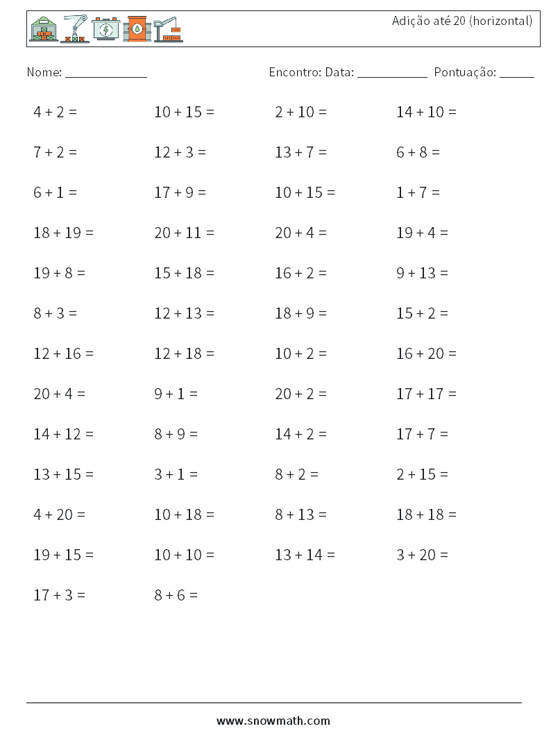(50) Adição até 20 (horizontal) planilhas matemáticas 2