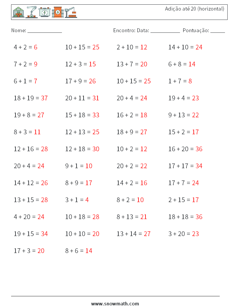 (50) Adição até 20 (horizontal) planilhas matemáticas 2 Pergunta, Resposta
