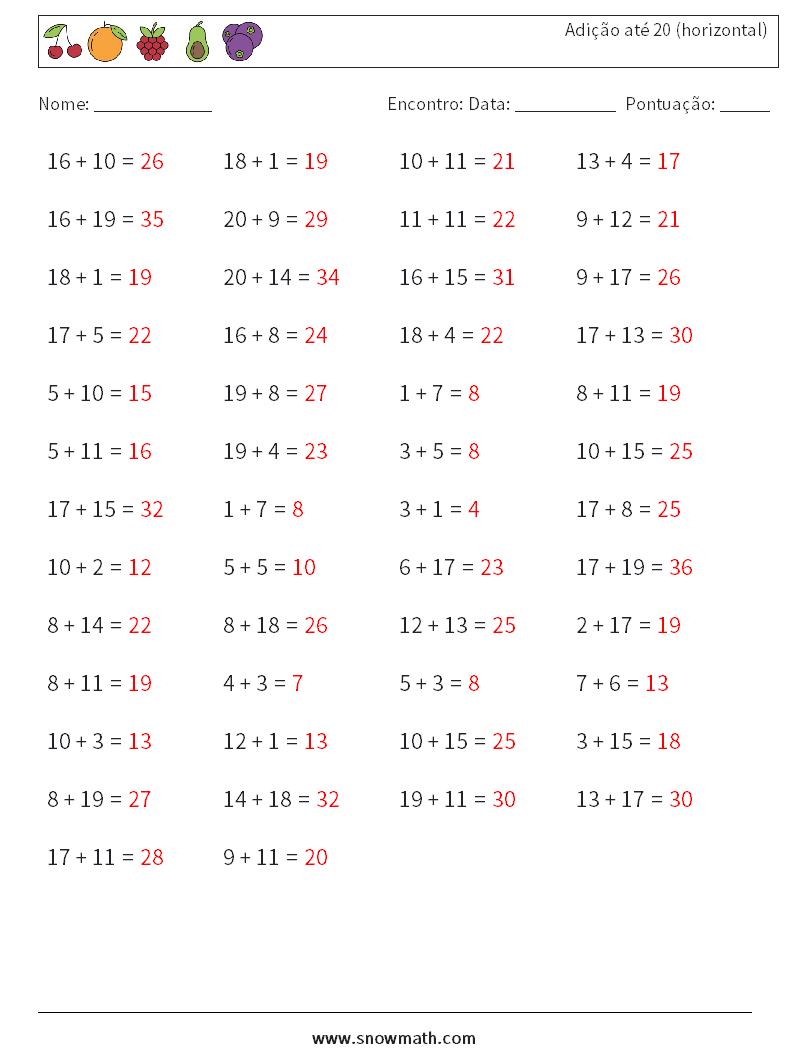 (50) Adição até 20 (horizontal) planilhas matemáticas 3 Pergunta, Resposta