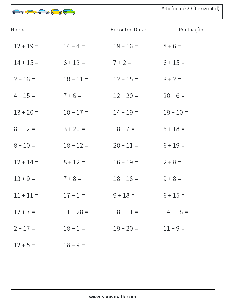 (50) Adição até 20 (horizontal) planilhas matemáticas 4
