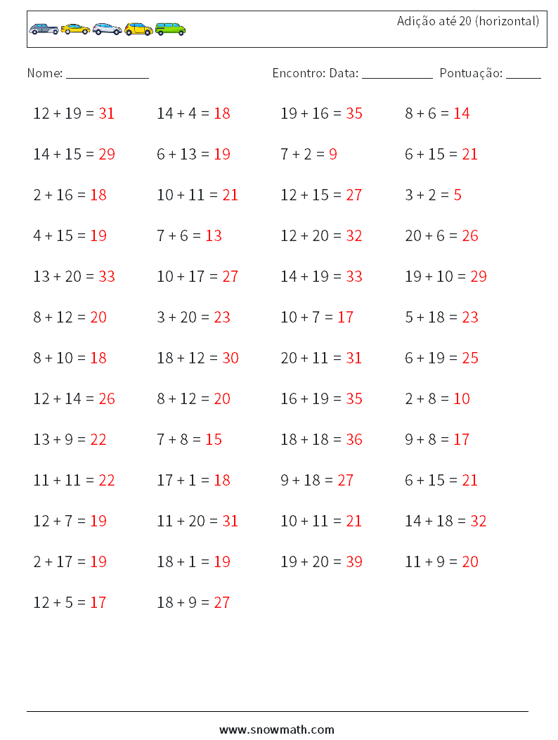 (50) Adição até 20 (horizontal) planilhas matemáticas 4 Pergunta, Resposta
